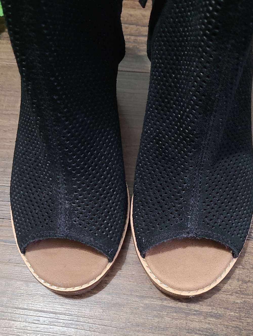Toms Majorca Black Peep Toe Perforated Suede Bootie - Picture 2 of 9